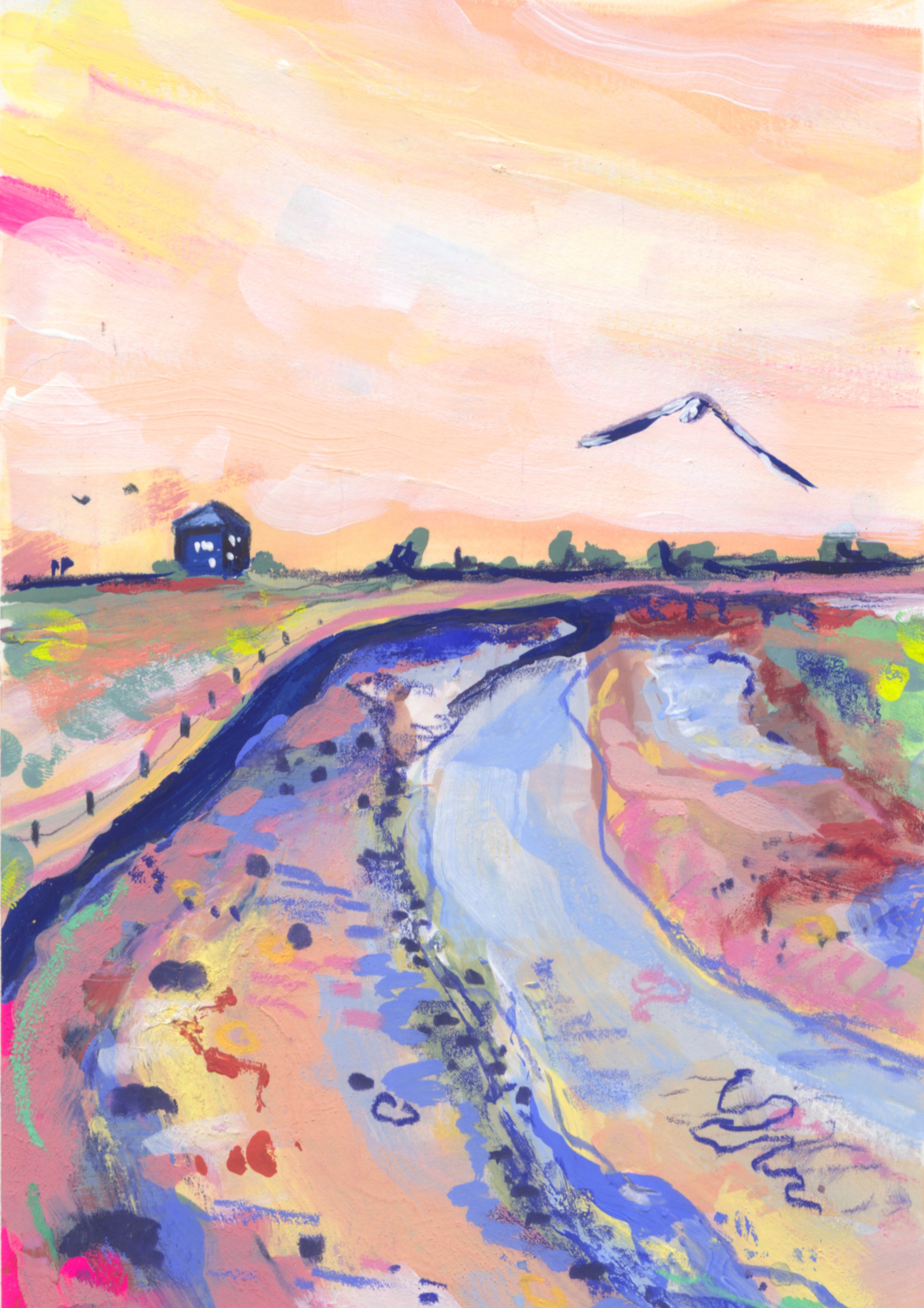 Colorful abstract landscape with a river and mountains