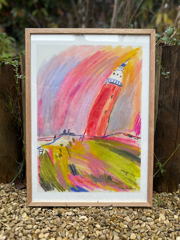 Framed abstract painting with a colorful landscape and tower on pebbles.