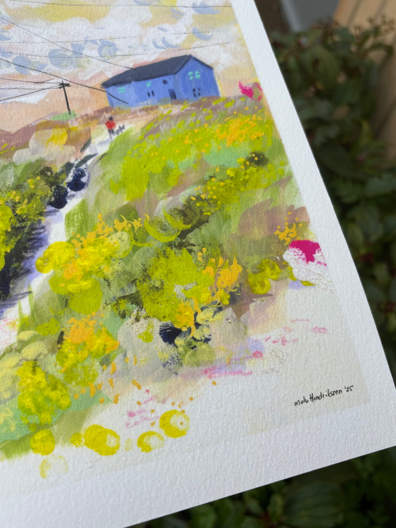 Colorful landscape painting with a blue house on a white background