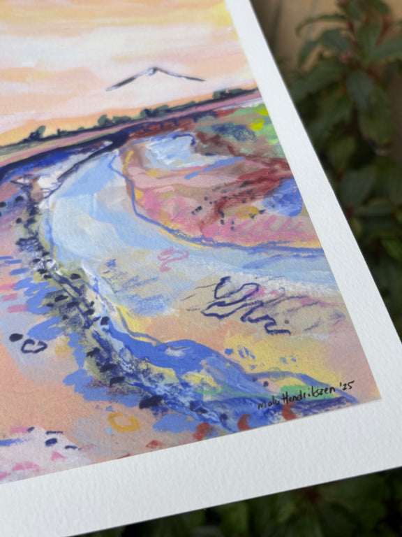 Colorful abstract painting with a signature on a white background