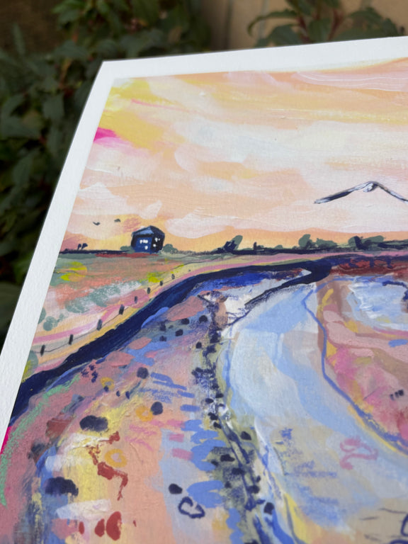 Colorful landscape painting with a river and mountains