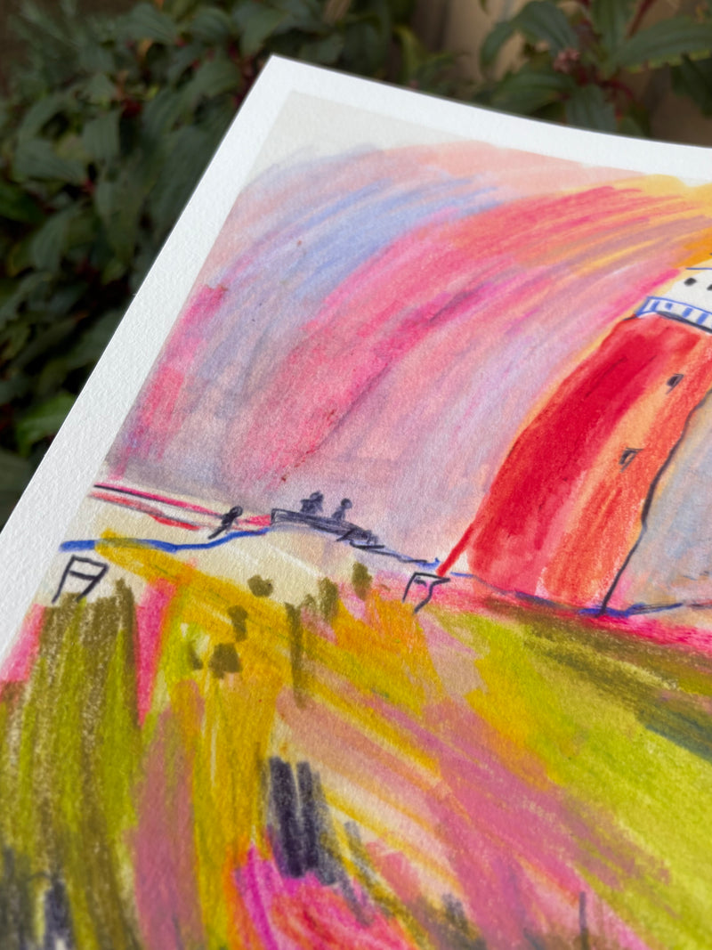 Colorful abstract painting on a textured surface with greenery in the background