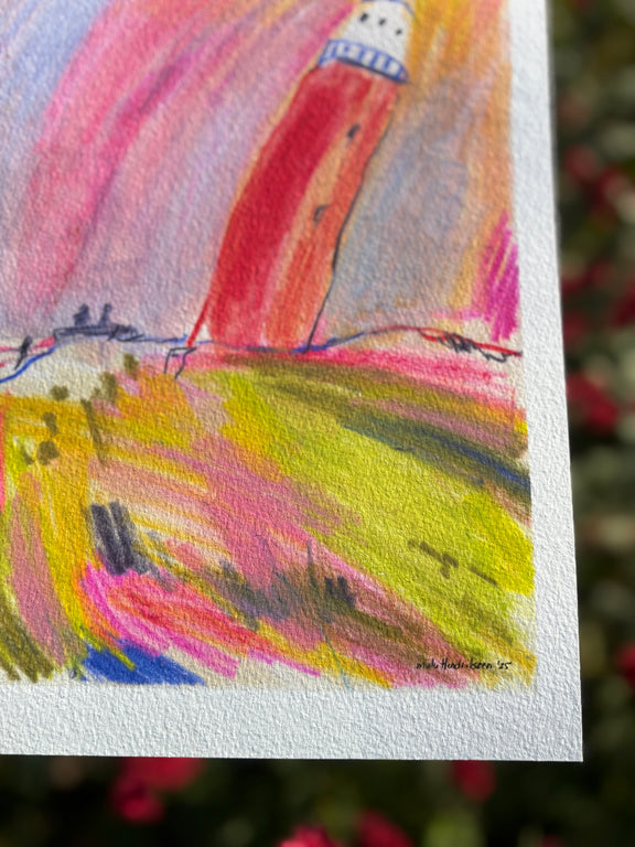 Colorful abstract painting of a lighthouse on a hillside with a blurred background
