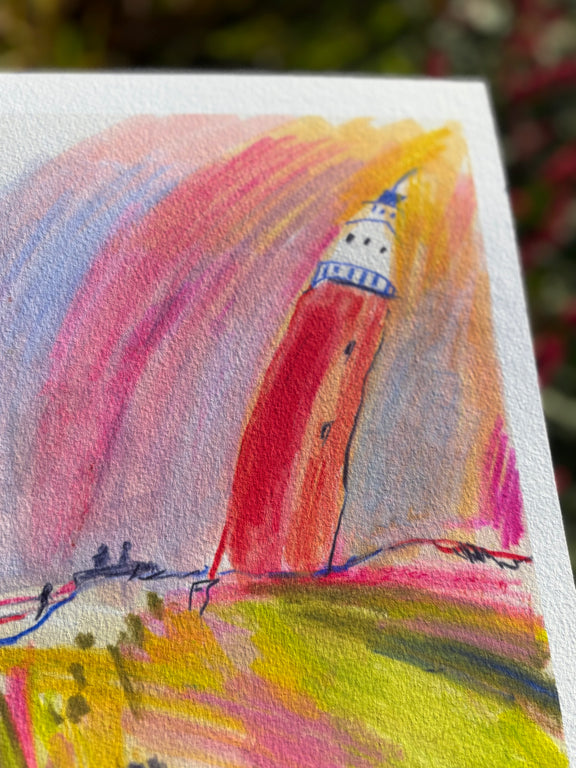 Colorful painting of a lighthouse with a pink and yellow sky