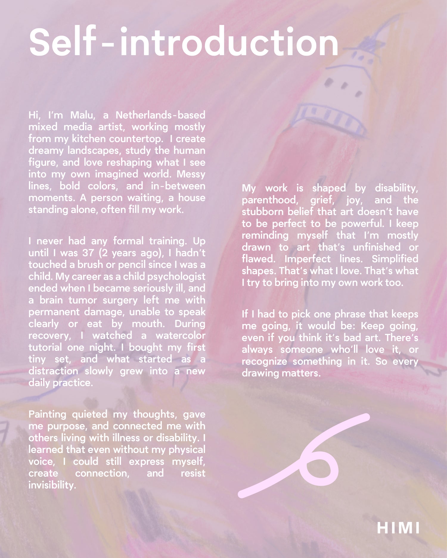 Text self-introduction by a Netherlands-based artist Malu  with a soft, blurred background