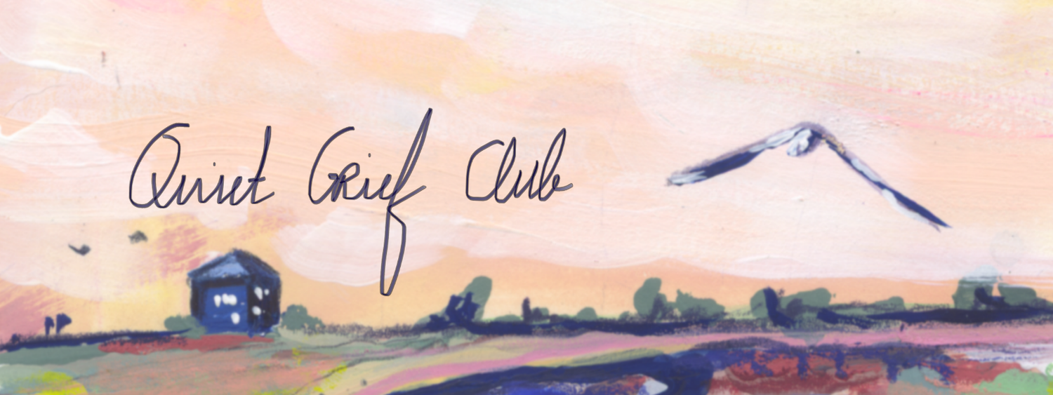 Artistic depiction of a house, trees, and a bird with 'Quiet Grief Club' text against a colorful sky.